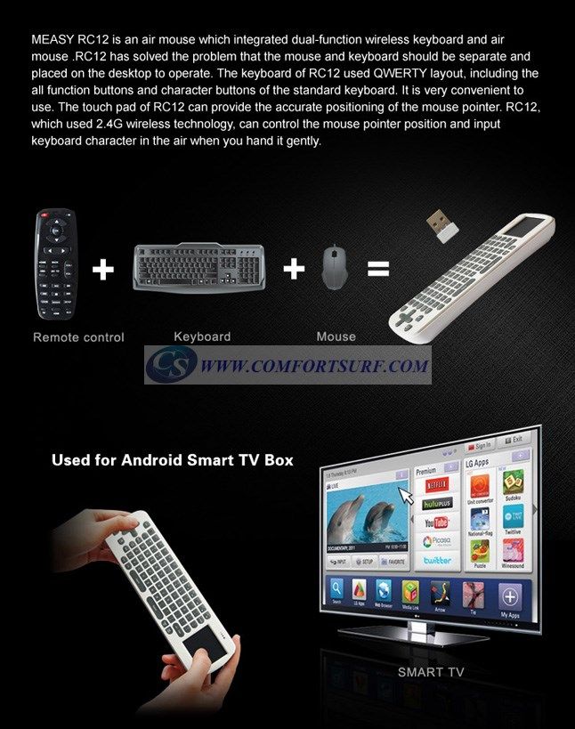 Measy RC12 Wireless Air Fly Mouse / Keyboard Smart Remote for Android TV box / Dongle / Smart TV Measy RC12 Wireless Air Fly Mouse / Keyboard Smart Remote for Android TV box / Dongle / Smart TV