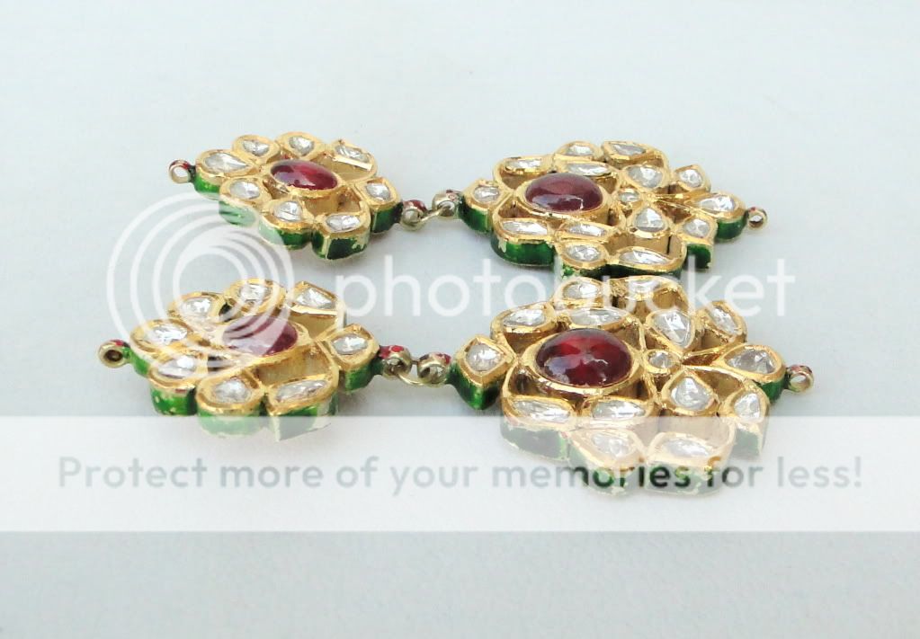 VINTAGE ANTIQUE 20K GOLD DIAMOND POLKI KUNDAN ENAMEL WORK EARRING PAIR 